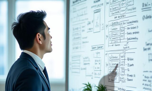 ホワイトボードの前で複雑な課題解決に取り組むビジネスマン